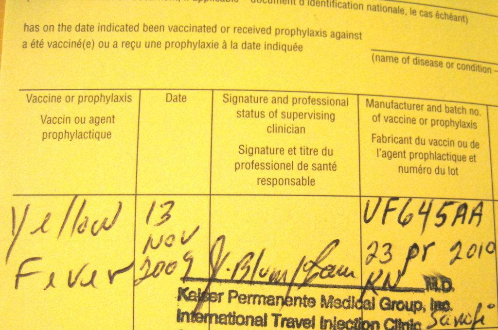 Yellow fever vaccine in Norfolk/Suffolk - vaccination certificate